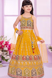 Yellow Embroidered Lehenga Choli Set with Dupatta & Tassel Detail For Girls