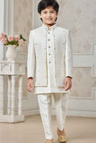 Cream Sequins Work And Thread Embroidered Sherwani Set For Boys