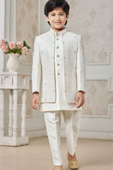 Cream Sequins Work And Thread Embroidered Sherwani Set  For Boys