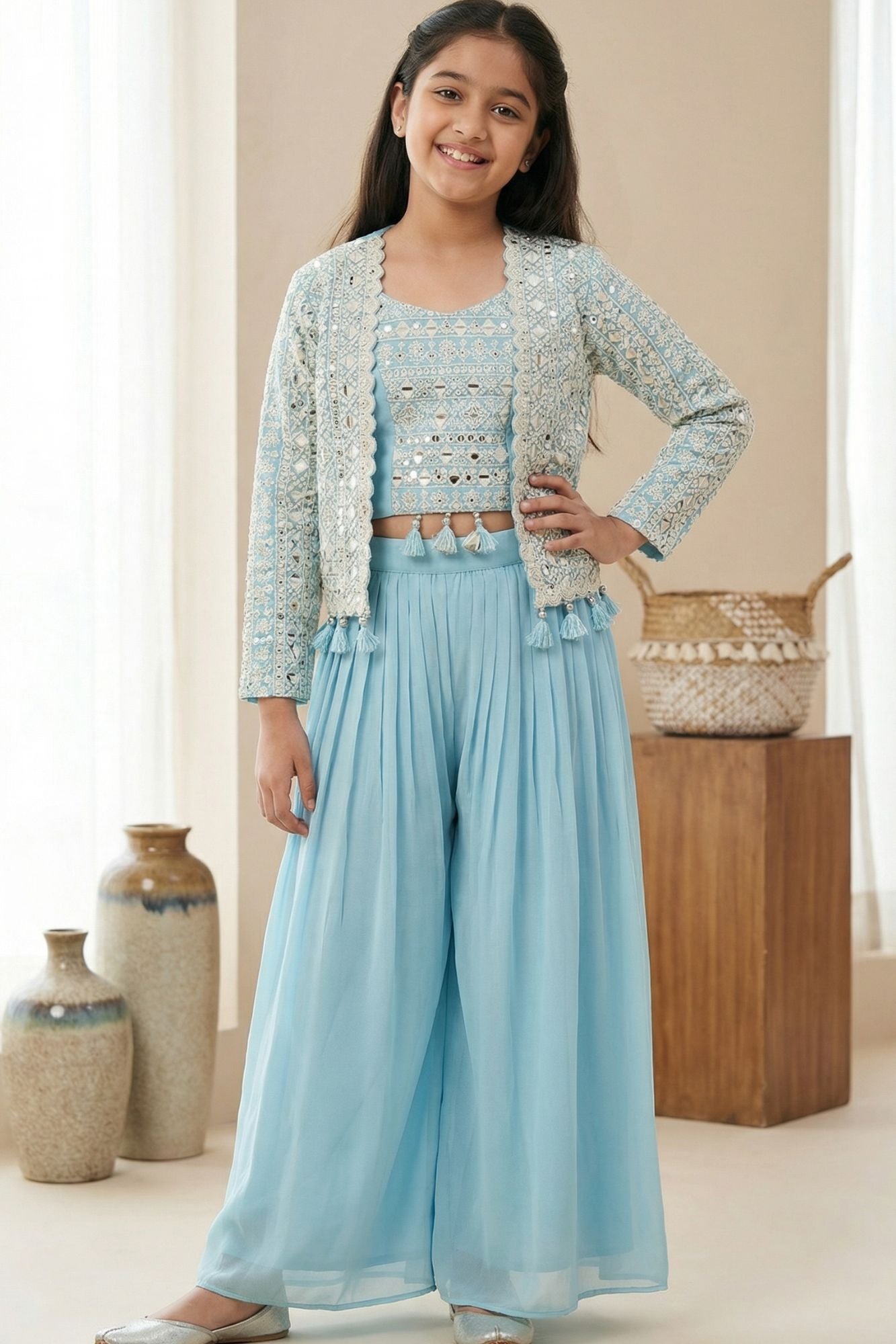 Blue Embroidered Palazzo Set With Mirror Work Jacket For Girls
