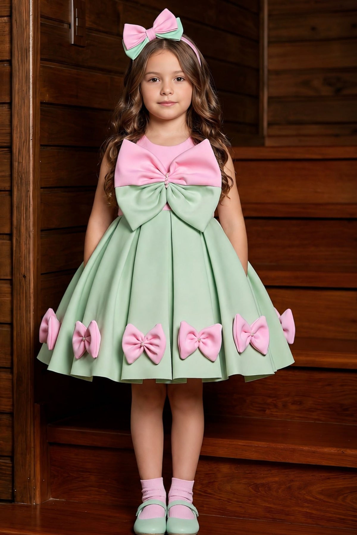 Girls Pista Green And Pink Bow Applique Party Wear Frock