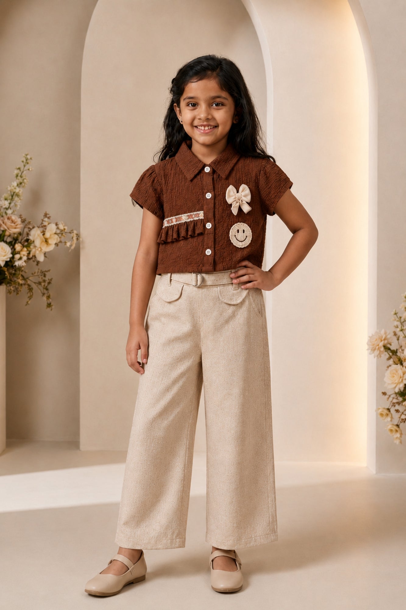 Brown Applique Top with Beige Wide Leg Pants Set