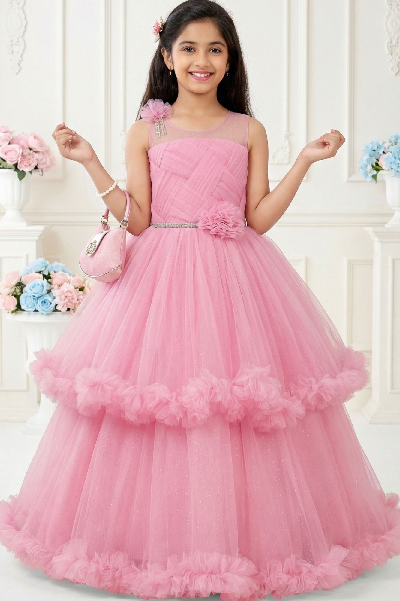 Baby Pink Layered Net Party Gown with Floral Ruffle Hem For Girls