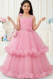 Baby Pink Layered Net Party Gown with Floral Ruffle Hem For Girls