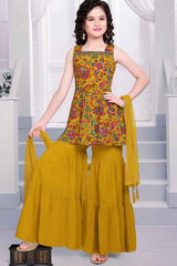 Mustard Embroidered And Sequined Palazzo Set For Girls