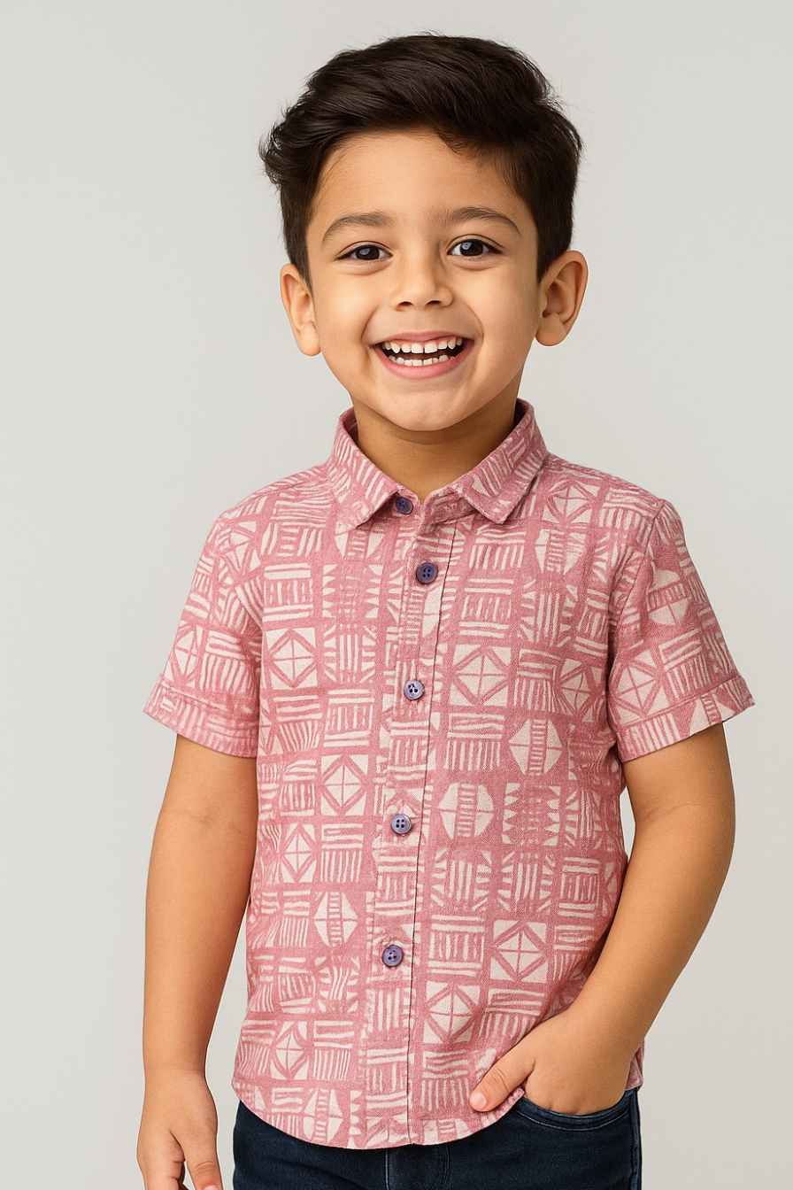 Dusty Pink Printed Shirt with Geometric Motif for Boys