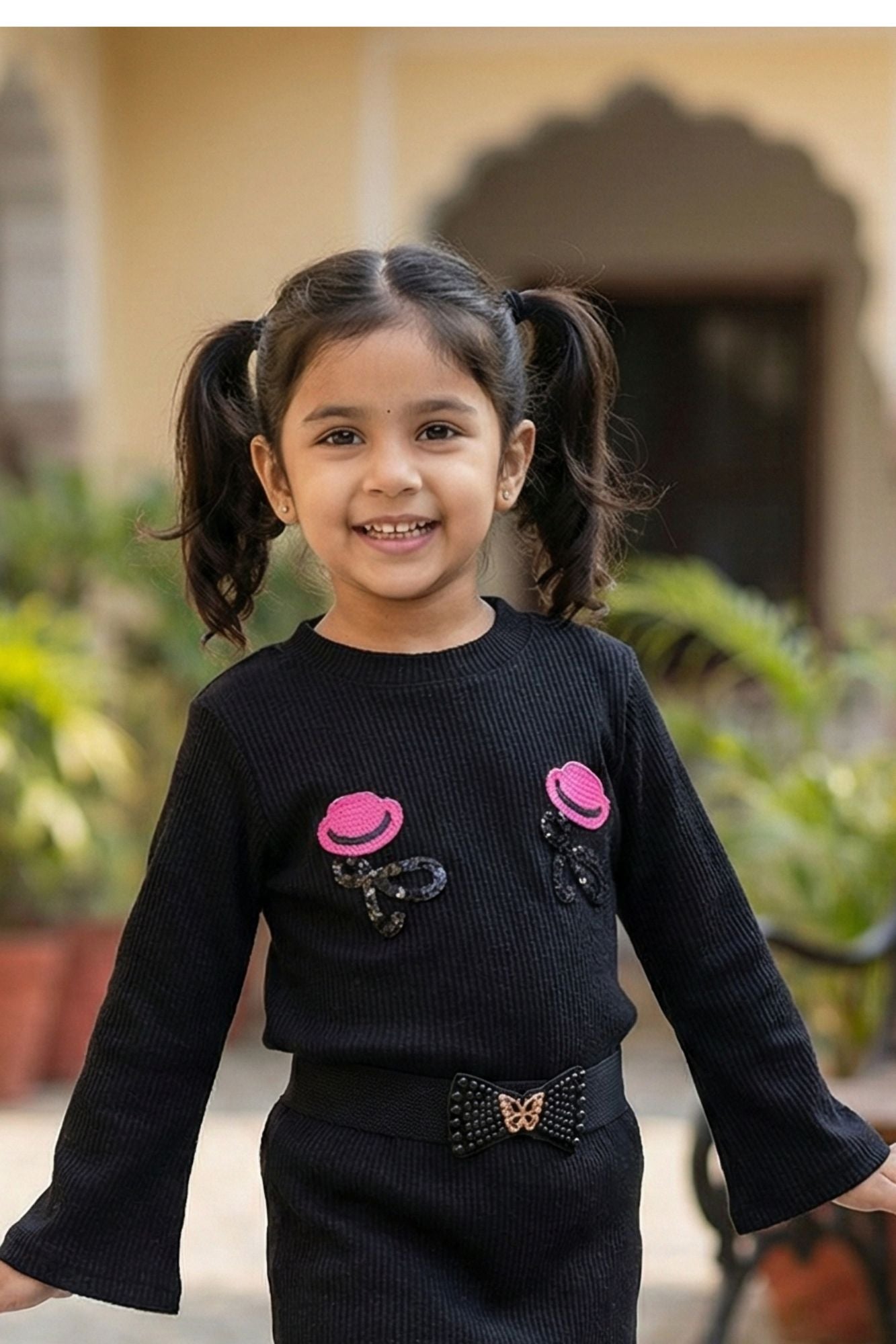 Black Embroidered Top & Skirt Co-ord Set For Girls