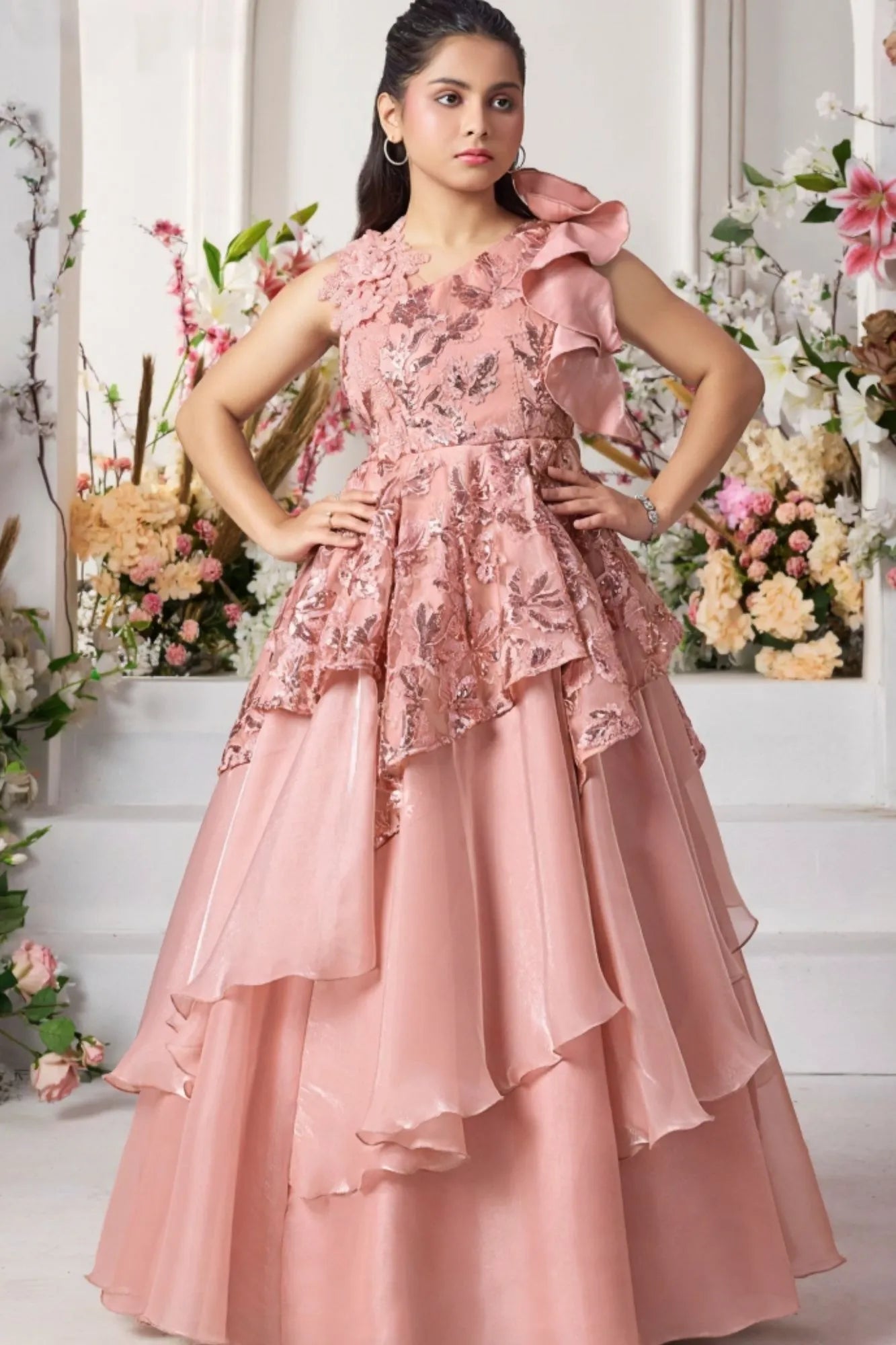 Peach Layered Gown with Ruffled Shoulder and Sequin Embroidery For Girls
