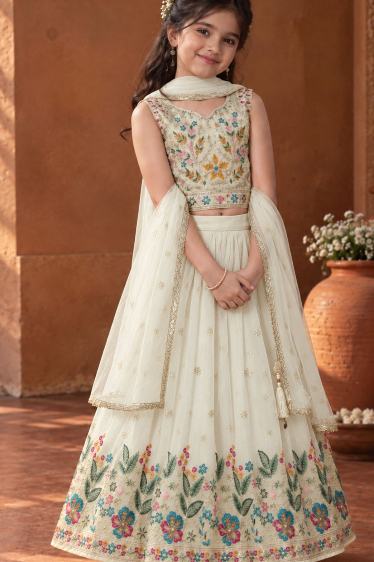 Cream Multicolor Embroidered Lehenga Choli For Girls