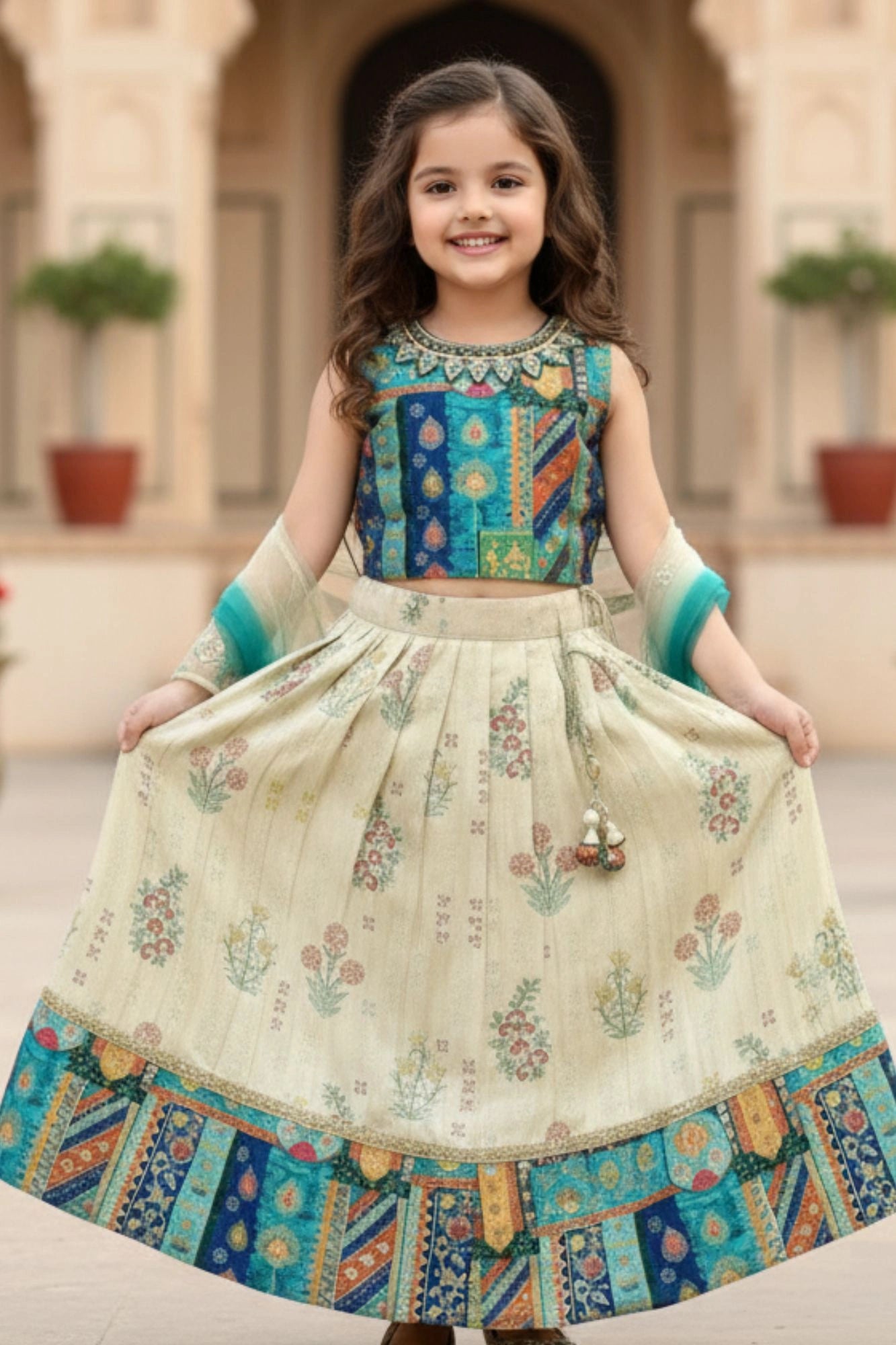 Cream And Blue Floral Print And Traditional Patchwork Lehenga Choli For Girls