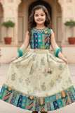 Cream And Blue Floral Print And Traditional Patchwork Lehenga Choli For Girls