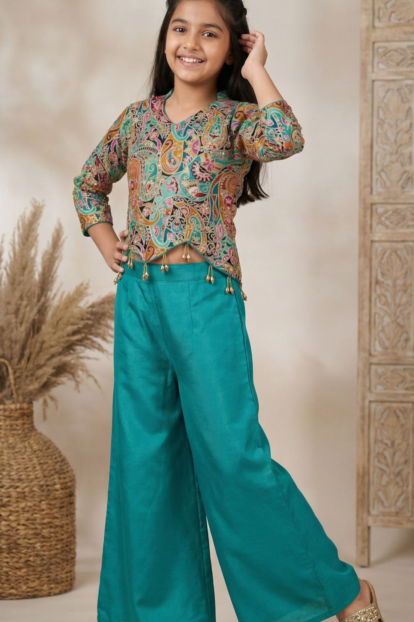 Rama Green Palazzo Set with Multicolor Paisley Embroidered Top For Girls