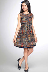 Navy Blue Motif Printed And Sequin Work Casual Frock For Girls