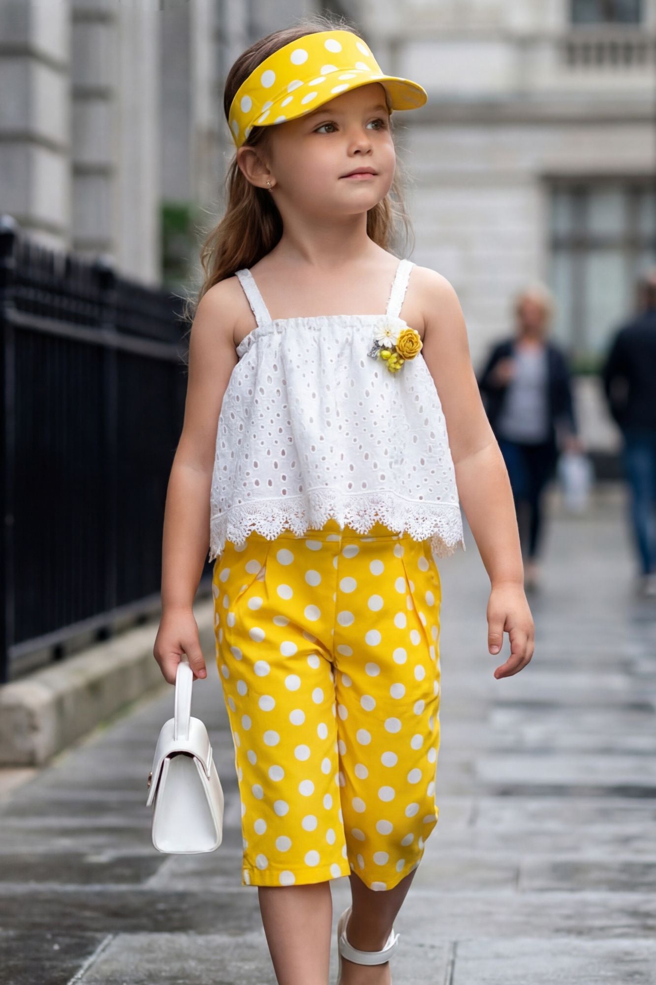 Yellow Polka Dot Pant Set with Lace Top For Girls
