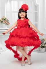 Red Sleeveless And Sequins Worked With Floral Embellished Tail Back Frock For Girls