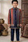 Premium Navy Blue Striped Thread Embroidered Indo Western Suit Set For Boys