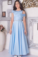 Designer Sky Blue Satin Gown With Stone Waist Band For Girls