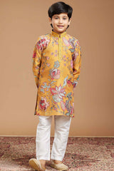 Mustard Full Sleeves With Floral Print And Embroidered Ethnic Kurta For Boys