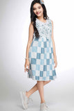 Blue Breeze Floral Checkered With Embroidered Bodice Dress For Girls