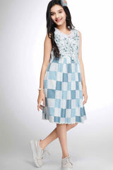 Blue Breeze Floral Checkered With Embroidered Bodice Dress For Girls