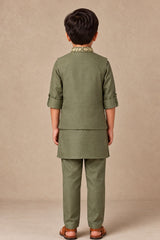 Boys Elegant Mehndi Green Embroidered Kurta Set With Nehru Jacket