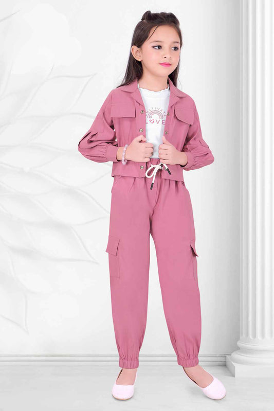 Classic Onion Pink Overcoat With T shirt And Bottom Set For Girls