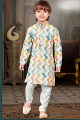 Lemon ZigZag Printed Kurta And White Bottom Set For Boys