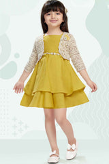 Mustard Frock With 3/4th Sleeves Crochet Overcoat For Girls