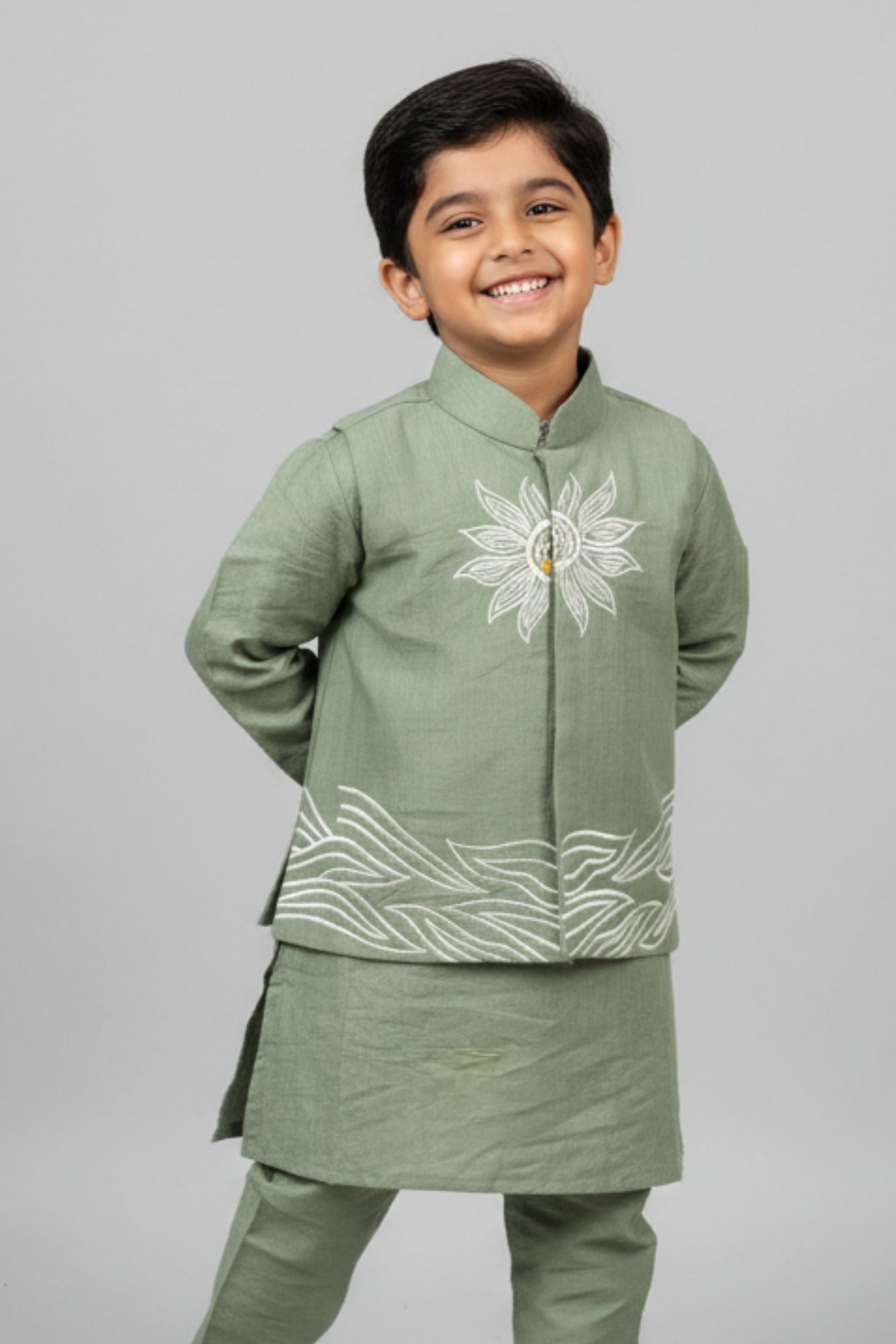 Pista Green Kurta with Embroidered Waist-coat For Boys