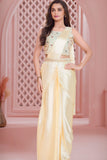 Designer Cream Pre Draped Saree with Embellished Blouse For Girls