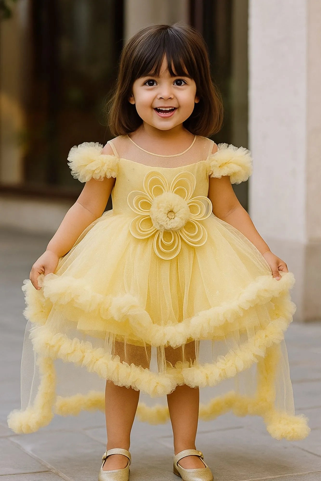 Lemon Yellow Ruffle Frock with 3D Floral Appliqué For Girls