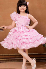 Pink One Shoulder Sleeve And Floral Embellished Frock For Girls