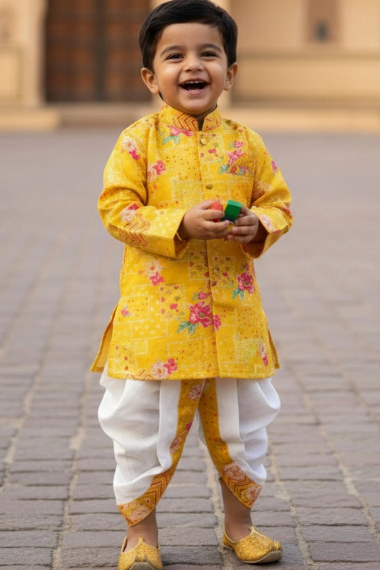 Yellow Floral Printed Kurta Dhoti Set for Boys