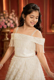 Girls White Off-Shoulder Sequined Party Wear Gown with Fringe And Textured Flared Skirt