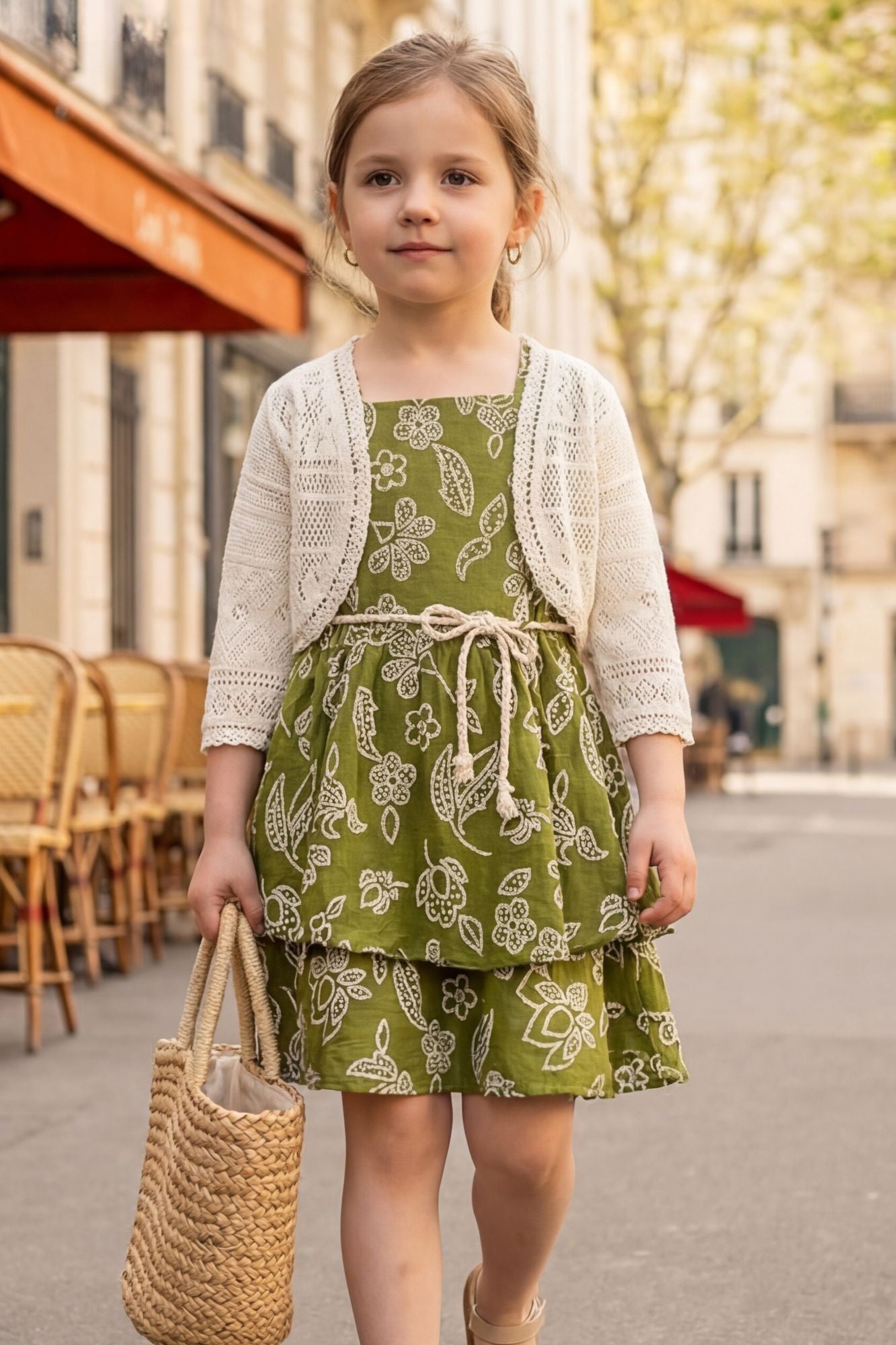 Girls Olive Green Printed Frock with Crochet Shrug