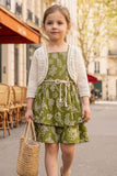 Girls Olive Green Printed Frock with Crochet Shrug
