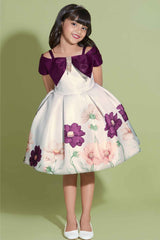 Wine Floral Printed And Bow Embellished Party Wear Frock For Girls