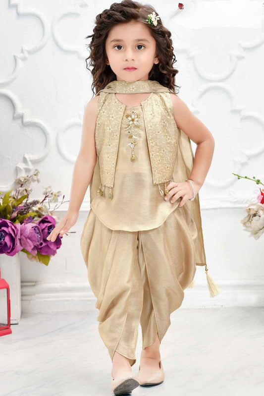 Beige Sequin Dhoti Set With Over Coat For Girls