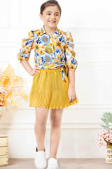 Mustard Puffed Sleeves Floral Printed Top And Skirt Set For Girls