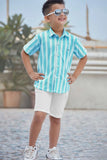Aqua Blue Striped Shirt With White Shorts Set For Boys