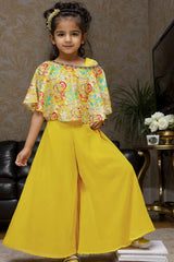 Mustard Printed Sequin Palazzo Set With Cape Sleeves For Girls