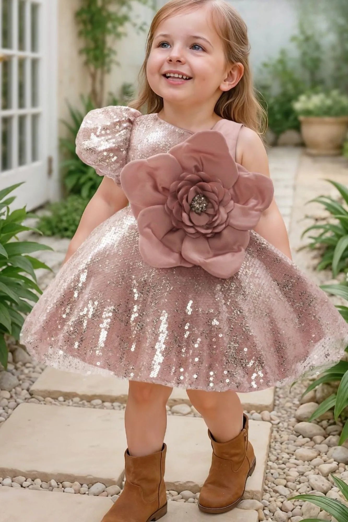 Peach Sequin Work with Oversized Floral Embellished Party Wear Frock For Girls