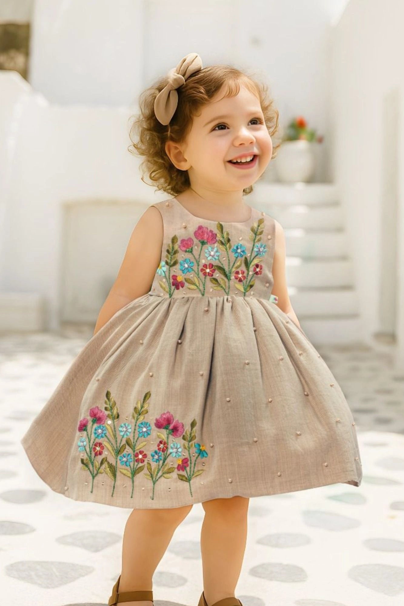 Beige Embroidered Fit And Flare Frock For Girls