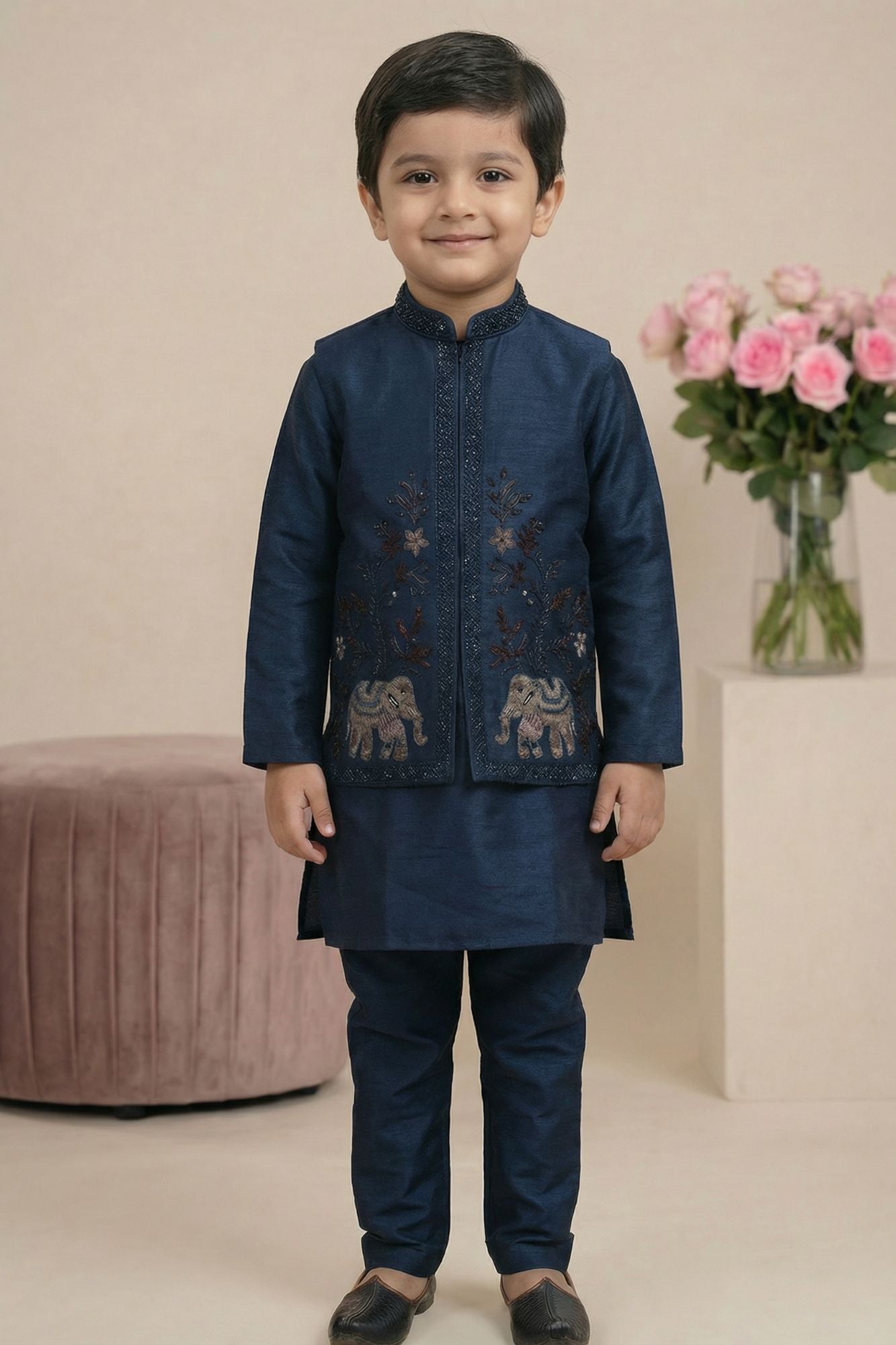 Navy Blue Elephant Embroidered Jacket Kurta Set For Boys