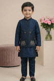 Navy Blue Elephant Embroidered Jacket Kurta Set For Boys