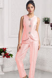Tailored Pink Pant Set with Crystal Brooch Accents For Girls