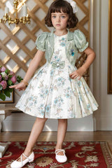 Floral Printed Cream Partywear Frock With Olive Green Overcoat For Girls