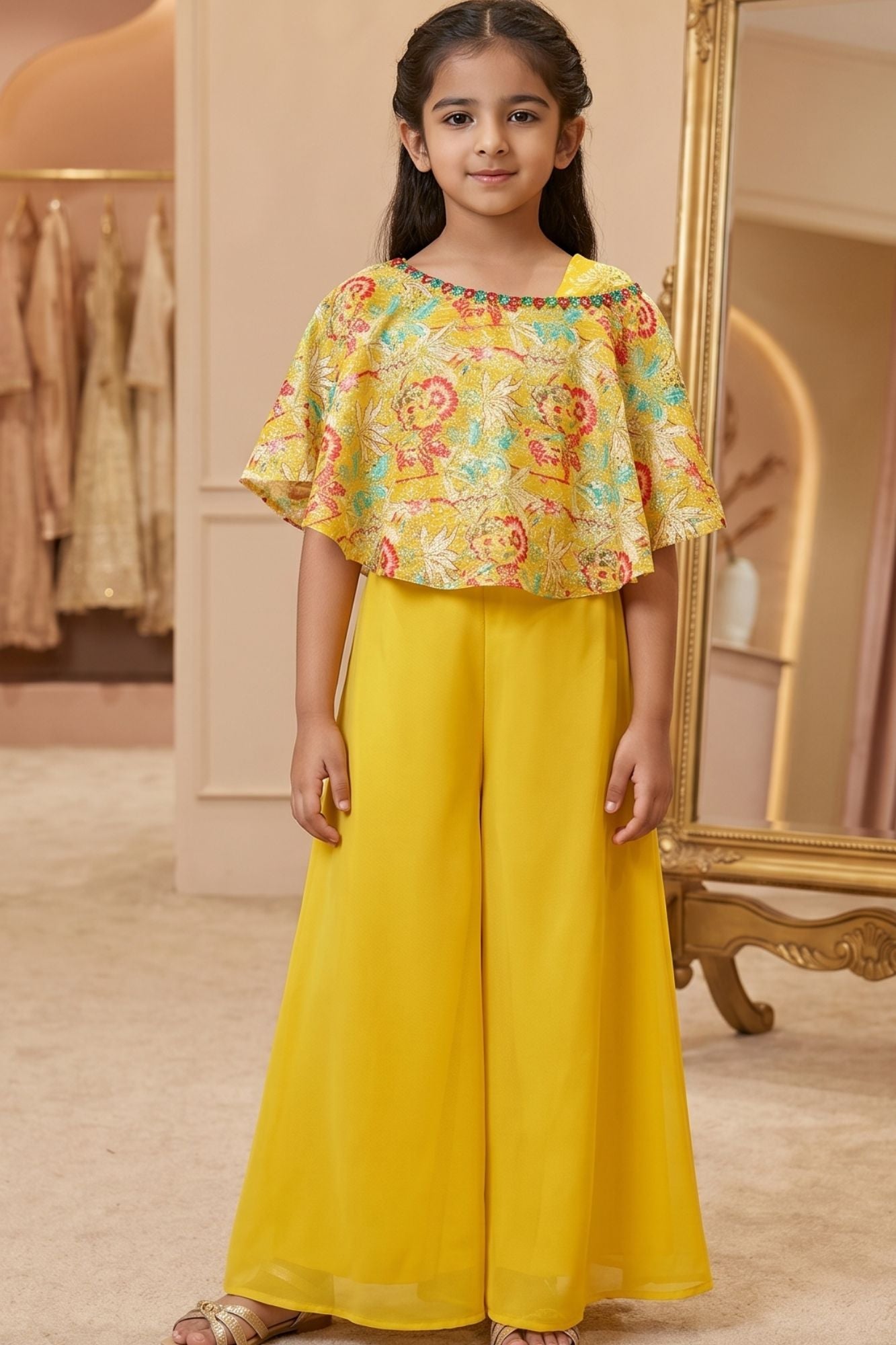 Mustard Printed Sequin Palazzo Set With Cape Sleeves For Girls