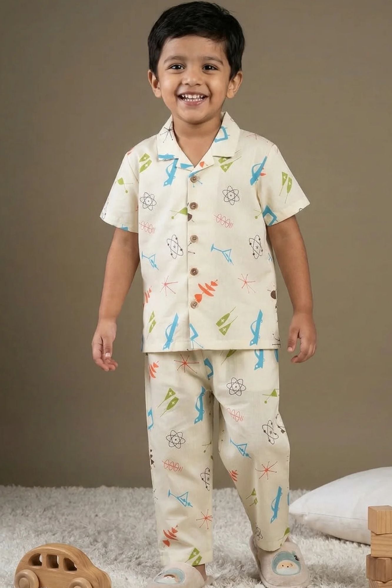 Off White Printed Night Suit Set For Boys