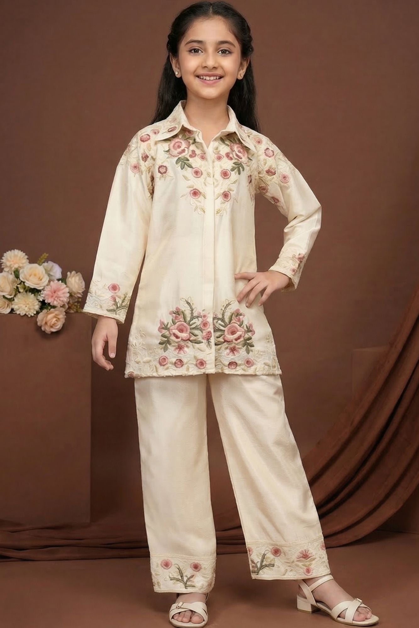 Cream Thread Embroidered Palazzo Set For Girls